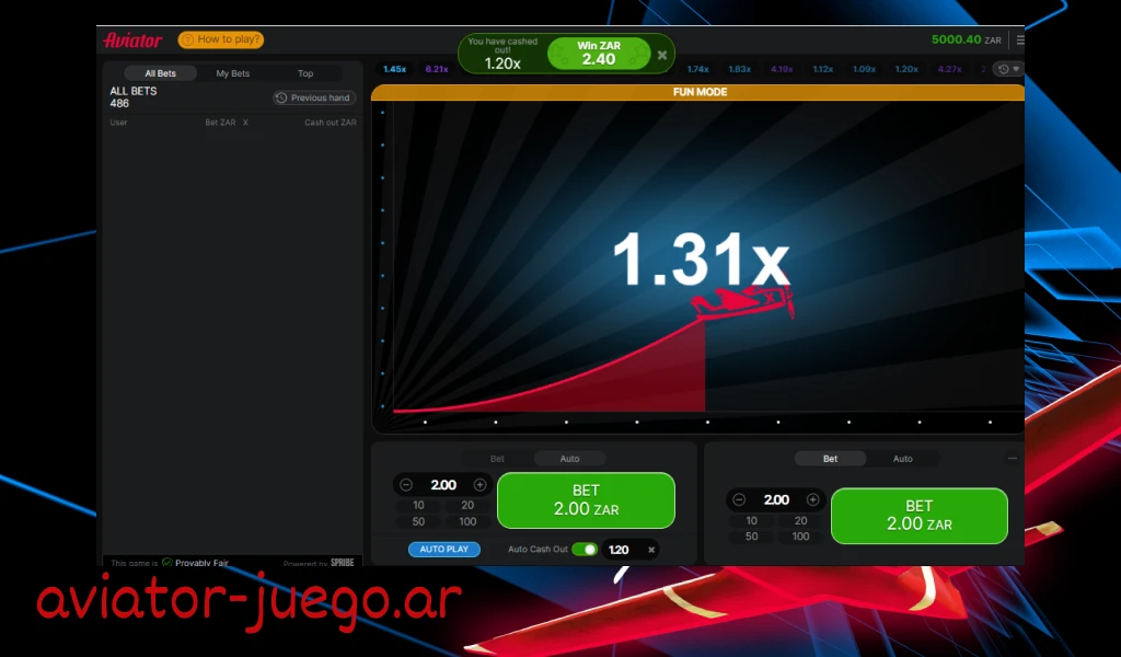 Pantalla de juego Aviator en modo demo mostrando un multiplicador de 1.31x, resaltando el uso inteligente de este modo para probar estrategias