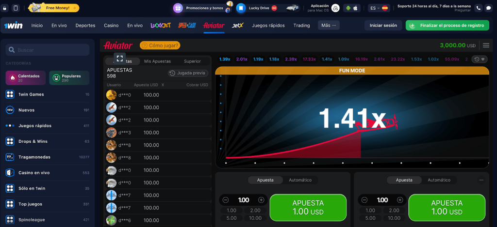 Pantalla del juego Aviator en 1win con un multiplicador de 1.41x, mostrando una lista de apuestas activas, ideal para quienes buscan dónde jugar Aviator en Argentina.