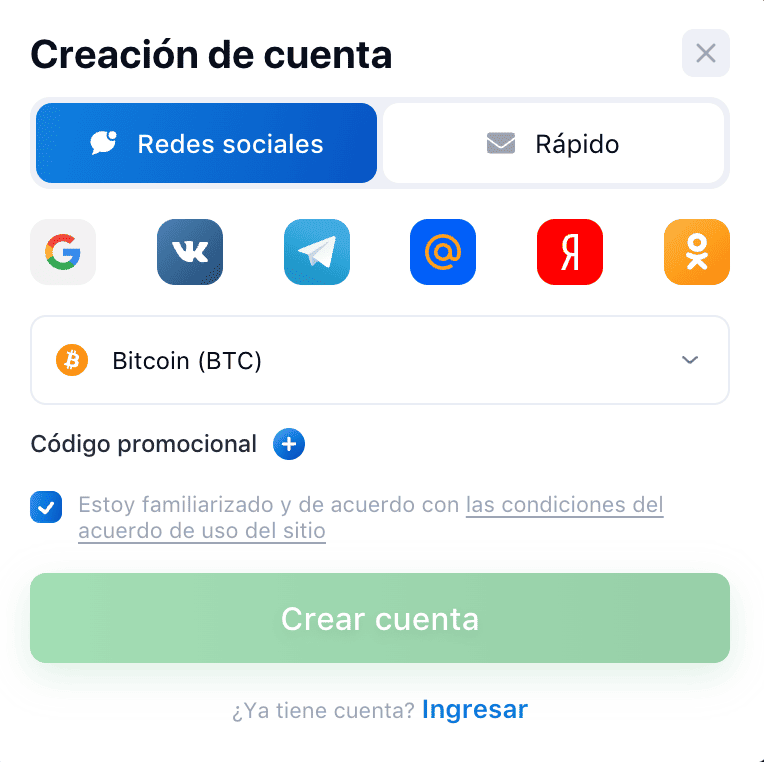 Formulario de creación de cuenta en 1win, con opción de registro rápido mediante redes sociales y métodos de pago como Bitcoin, relevante para jugar Aviator en Argentina.